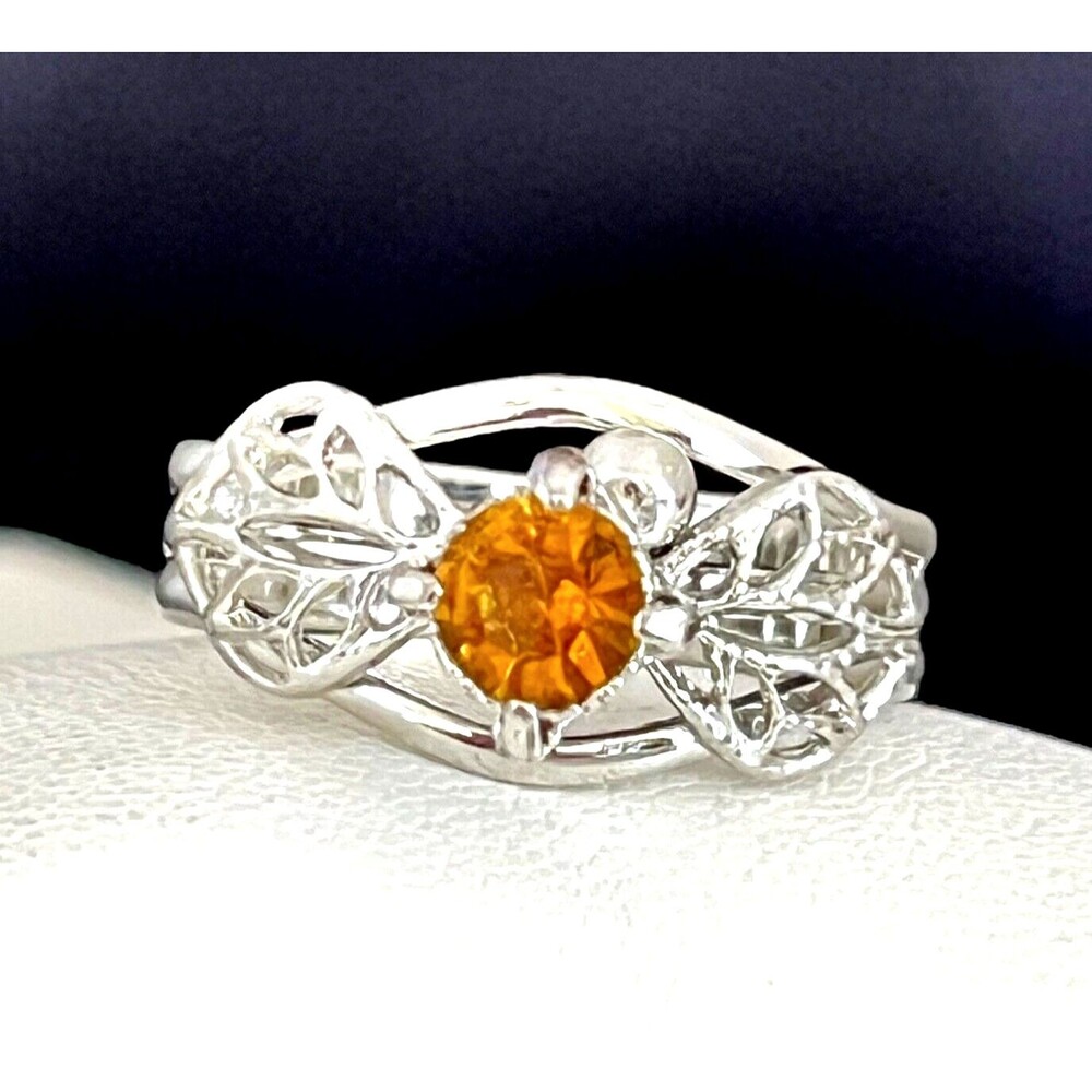 Vintage 1960s Ring Silver Tone Filigree Wide Band Orange Crystal Mid Century 4K
